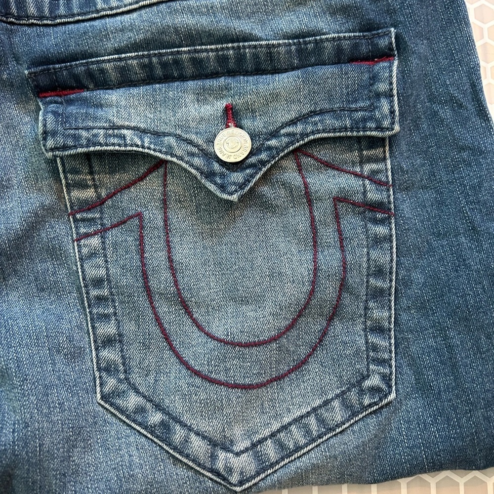 True Religion Men's Dark Slim Straight Jeans Horse Shoe Purple Silver Hardware